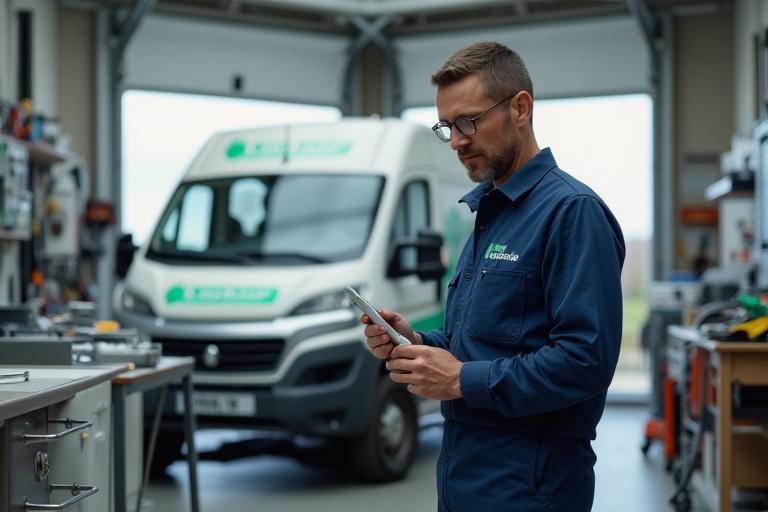 Lilje Hjelp tekniker arbeider på et verksted, med en servicebil utenfor, symboliserer lokal service i Kristiansand.